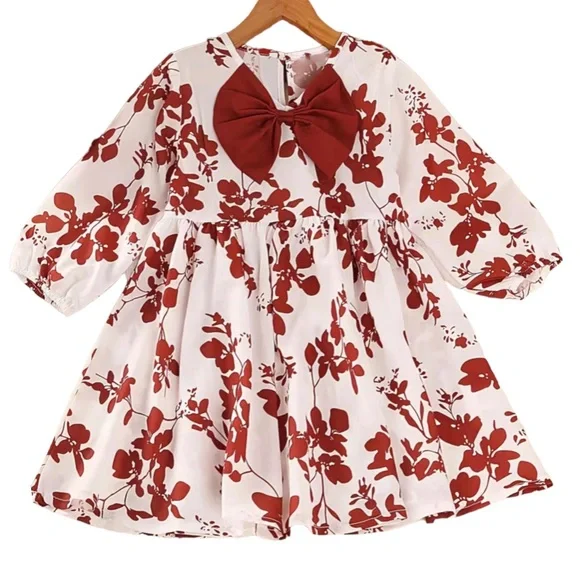 Dresses | Christmas Dresses Girls Floral Bow Red White Puff Sleeves Dress  Winter | Poshmark